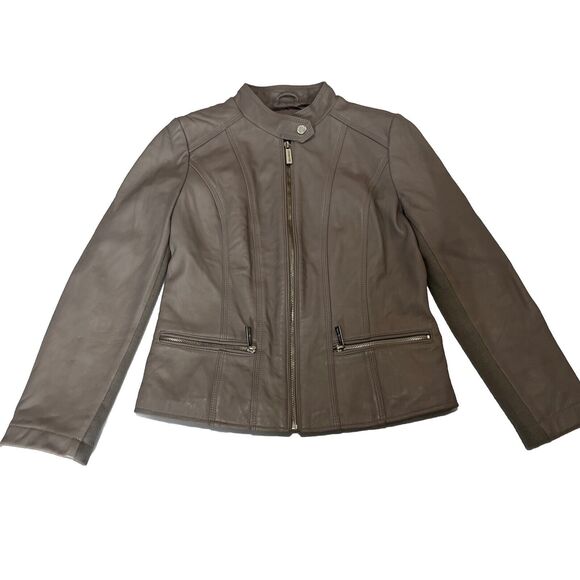 MICHAEL KORS PEARL GRAY LDS LEATHER JACKET MINT POCKET FULL ZIP SIZE Small - Picture 1 of 16